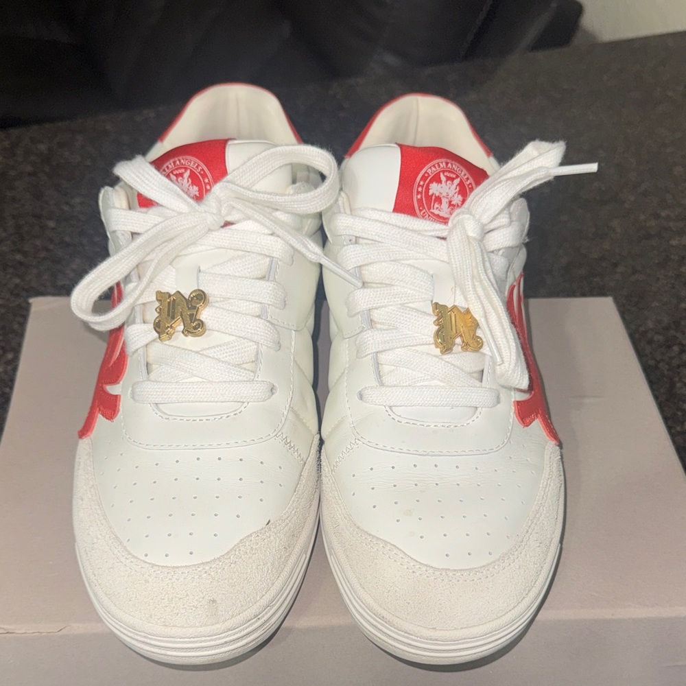 Palm Angels White and Red Sneakers with Gold Detail